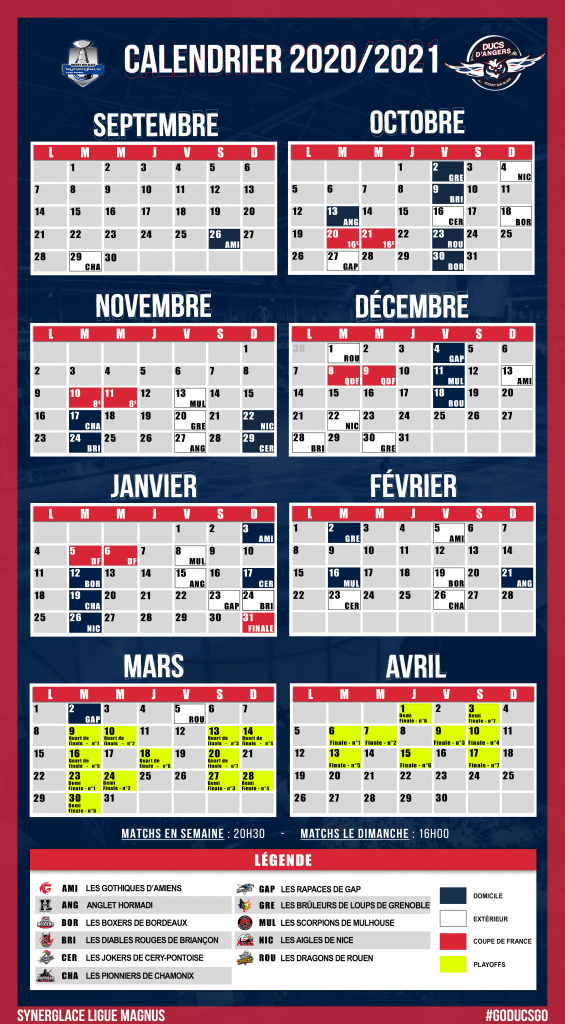 Calendrier de la saison - Les Ducs d'Angers
