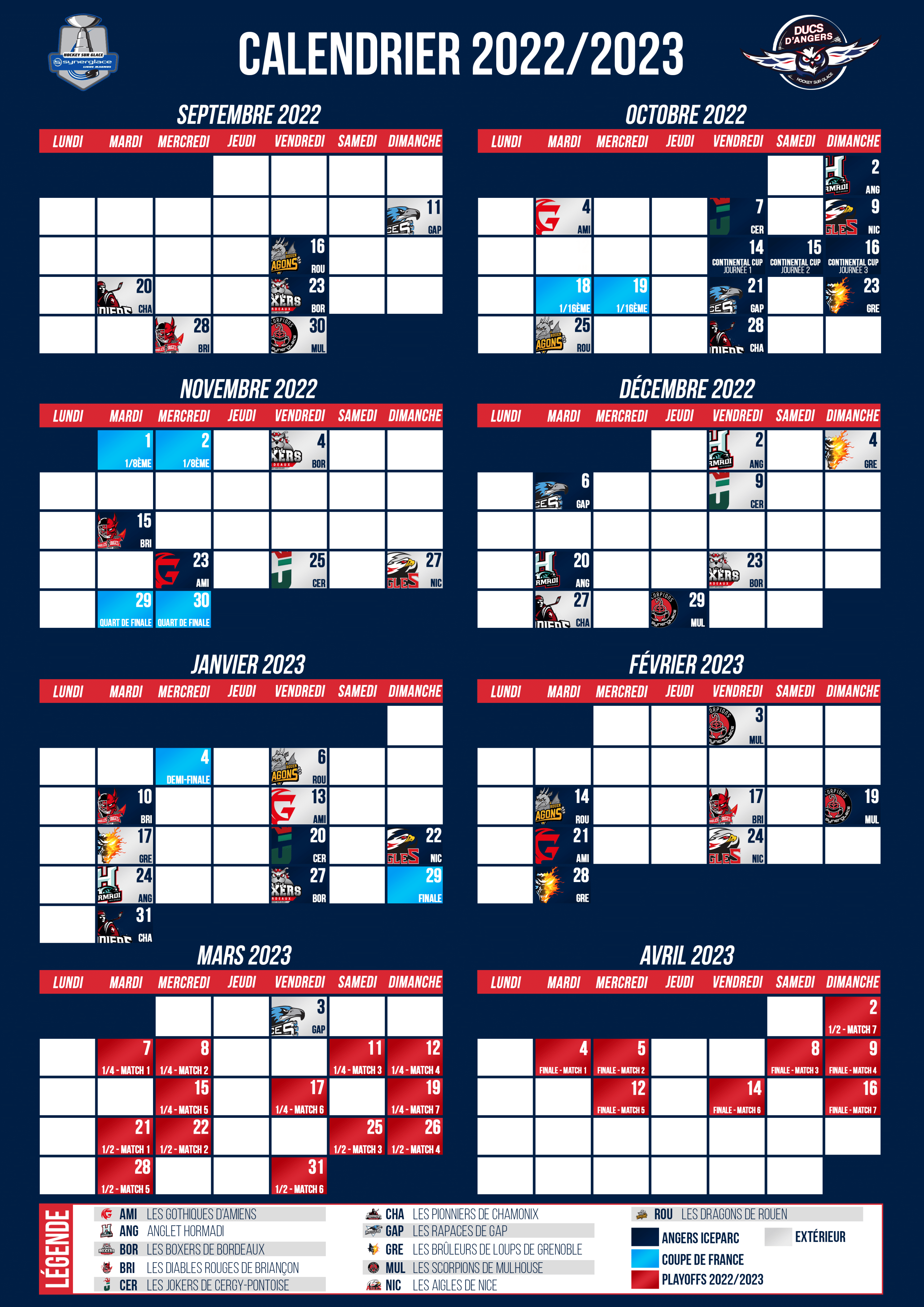 Calendrier Synerglace Ligue Magnus - Les Ducs d'Angers